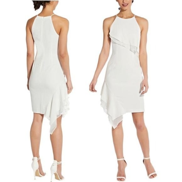 ADRIANNA PAPELL Asymmetrical-hem Halter Midi Dress in White Size 8 - Picture 1 of 9